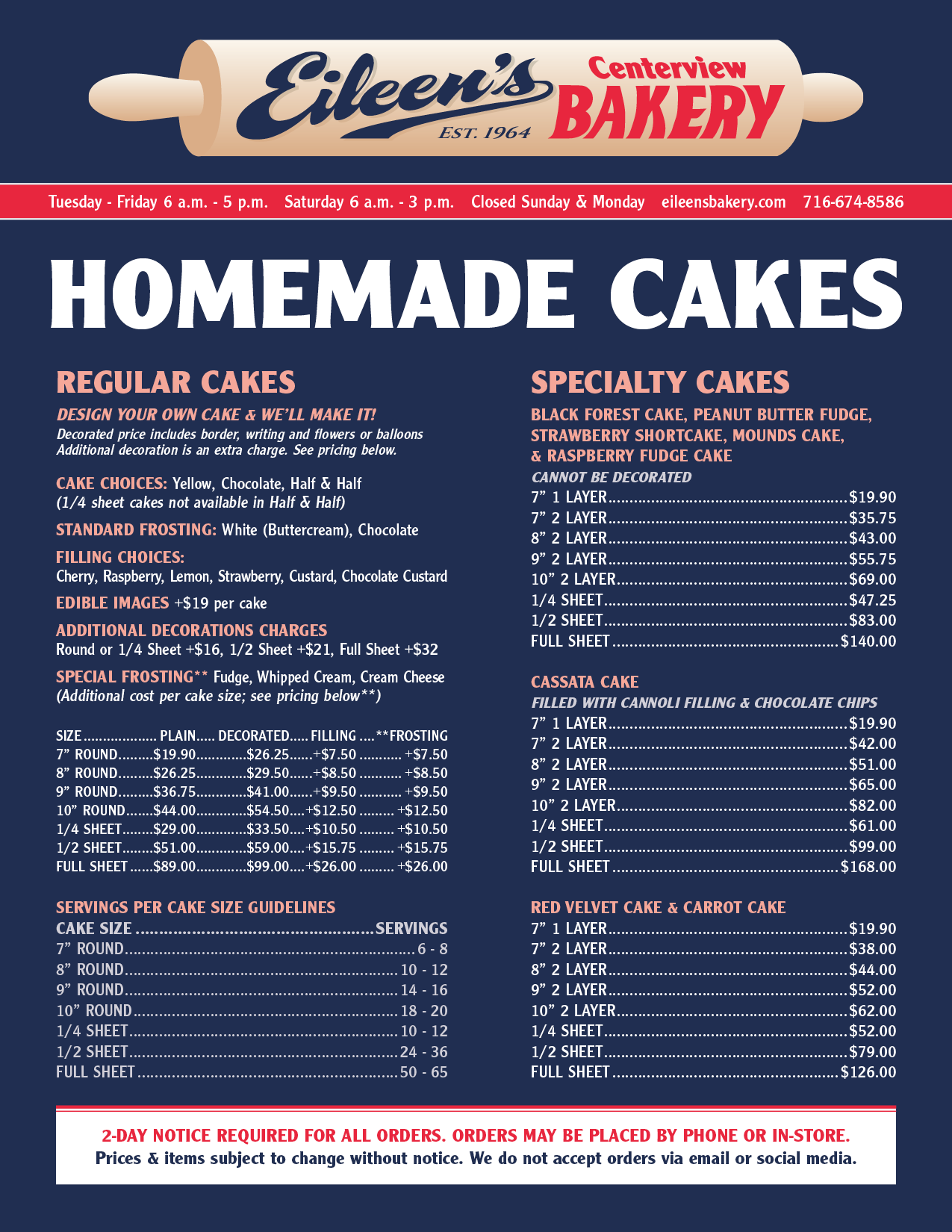 Eileen's Bakery Cakes Menu