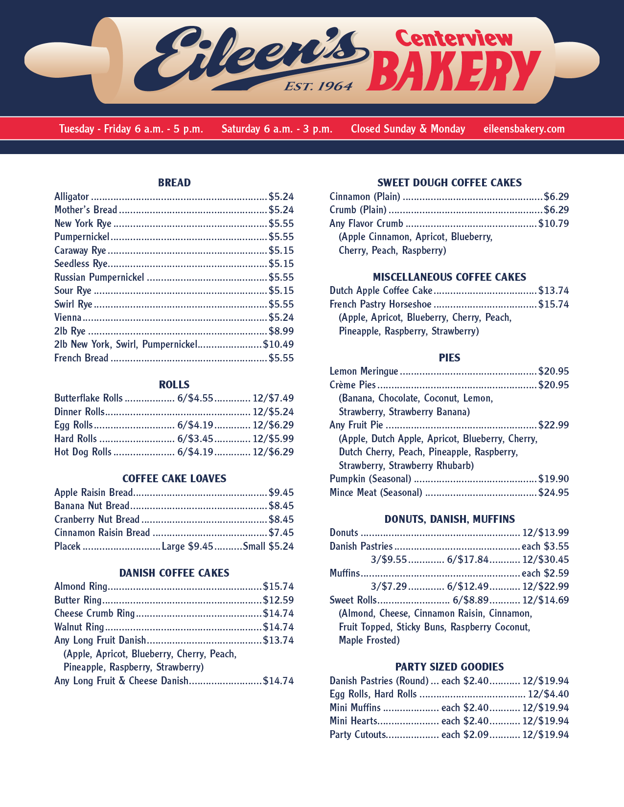 Eileen's Centerview Bakery Main Menu Page 1