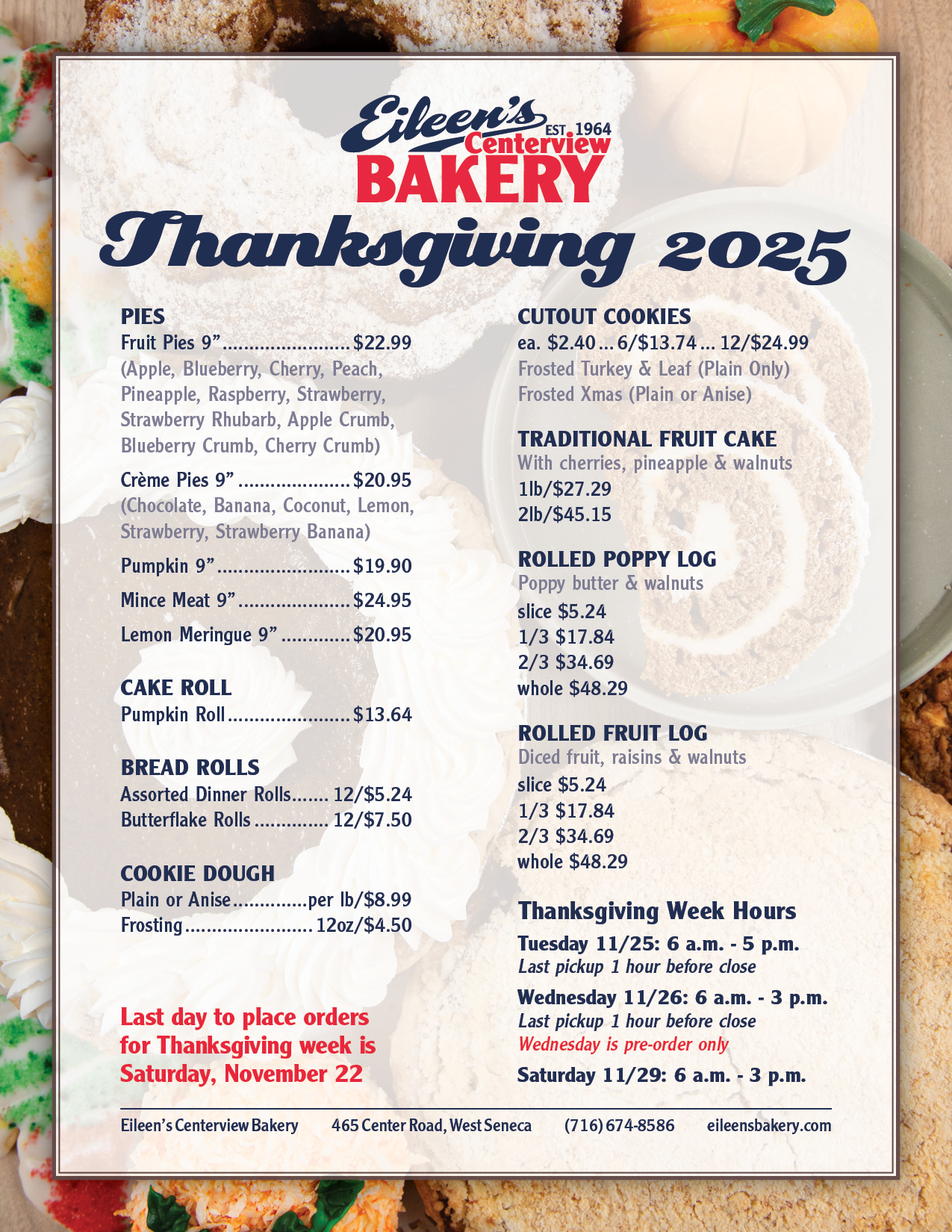 Eileen's Centerview Bakery Thanksgiving Menu 2025