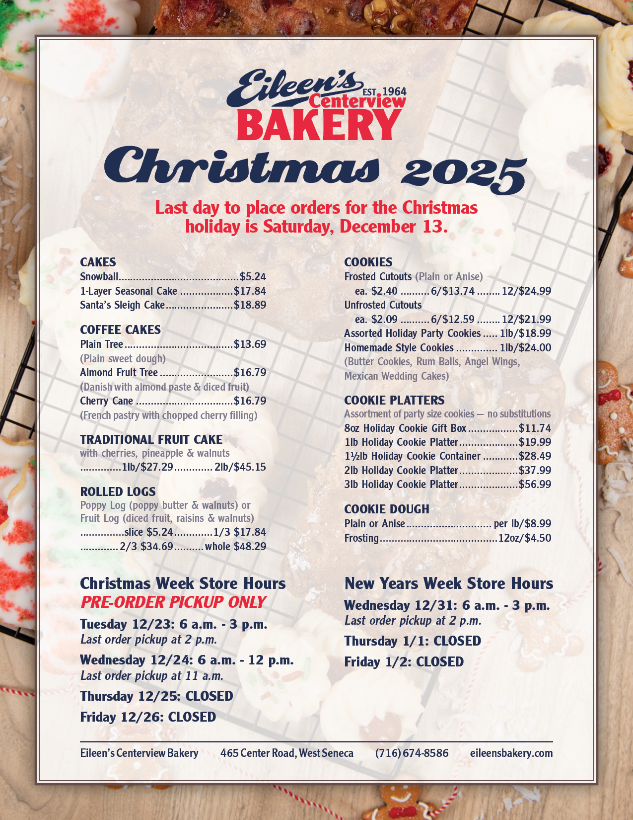 Eileen's Centerview Bakery Christmas Menu - Buffalo NY